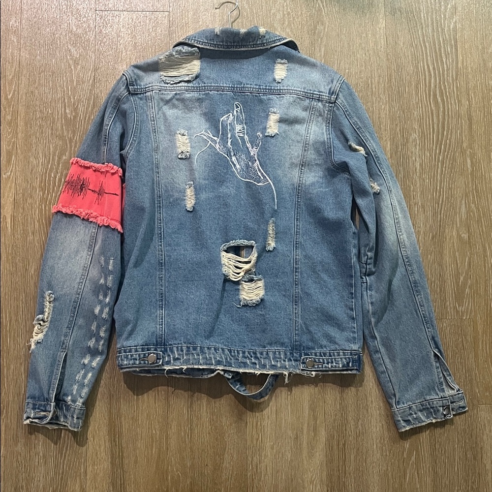 Distressed Embroidered Denim Jacket Red Patch Arm Band Motorcycle Jacket Belt - Picture 5 of 6